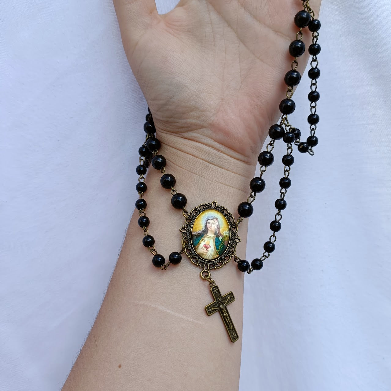 Virgin Mary Layered Choker in Black/ Bronze