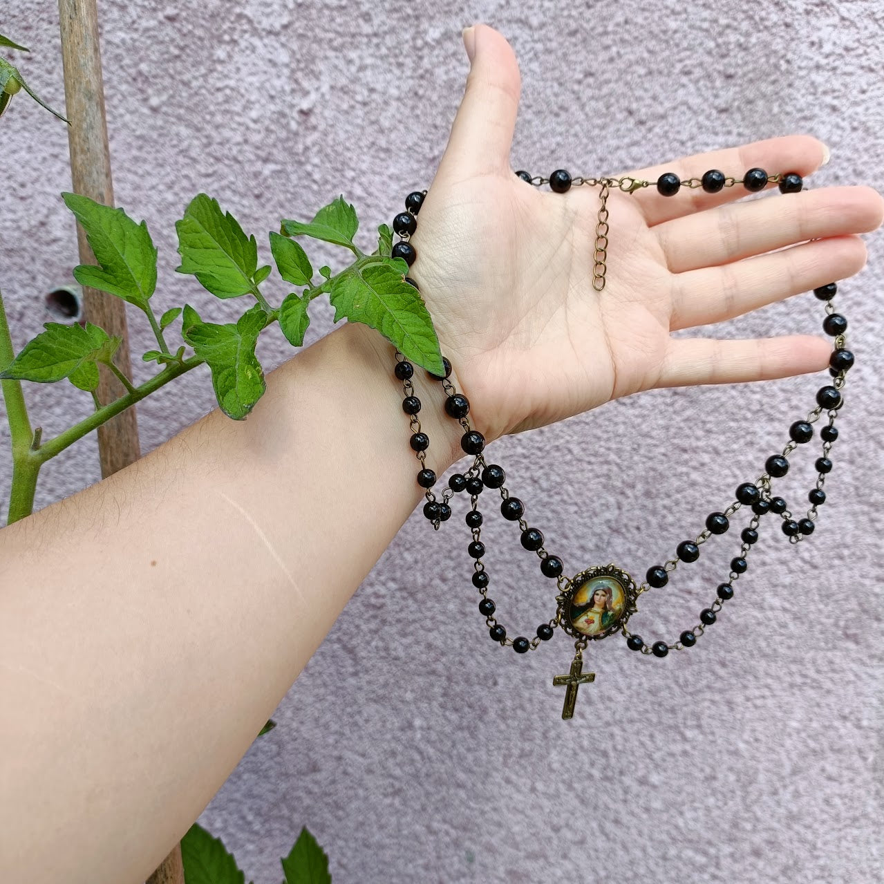 Virgin Mary Layered Choker in Black/ Bronze