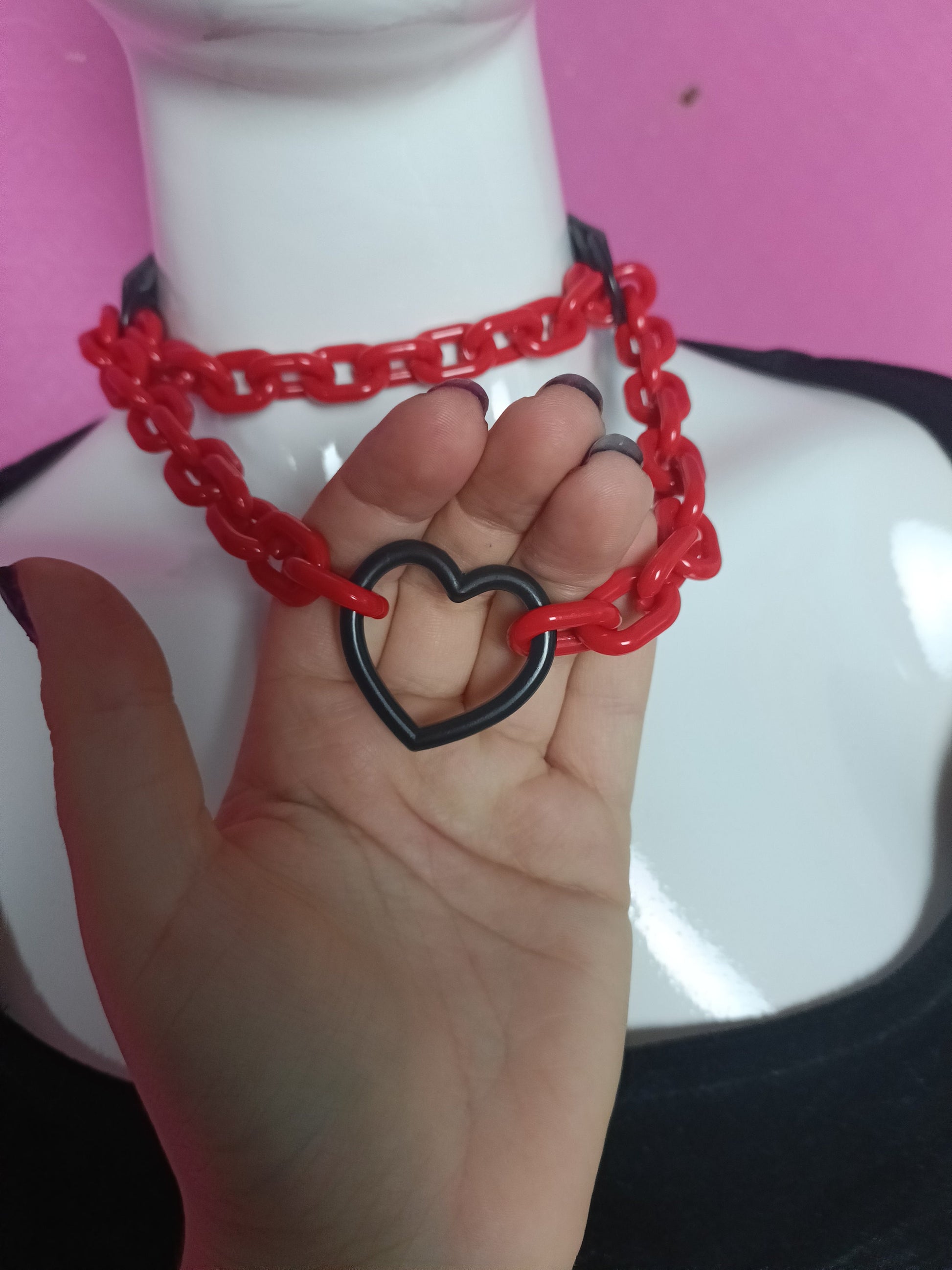 Heart Chain Choker - Choke Chain Version! Martingale Collar - Red Acrylic Chunky Chain