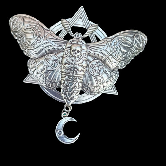 pentagram and moon metal carved occult moth hair accessory