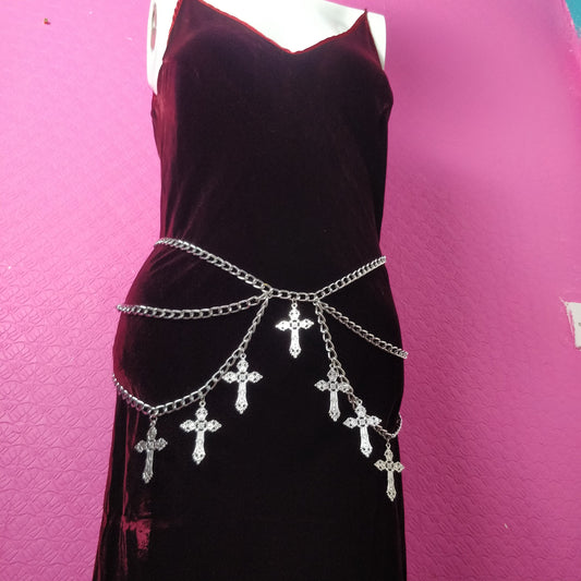 Crucifix Waist Chain Belt/ Harness waist chain gothic silver- three descending chains and 7 crosses