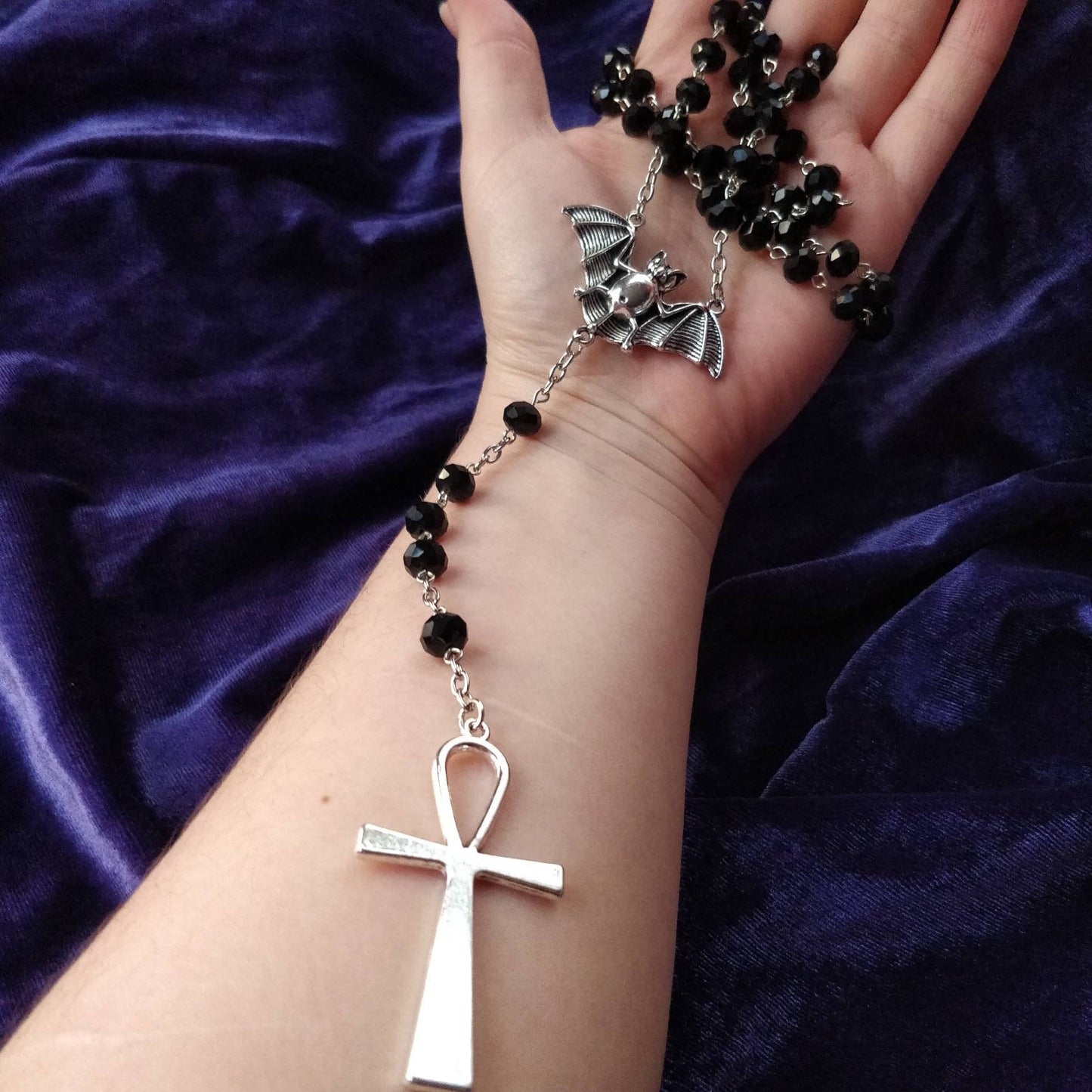 Vamp Rosary- Chunky Ankh, Faceted Beads