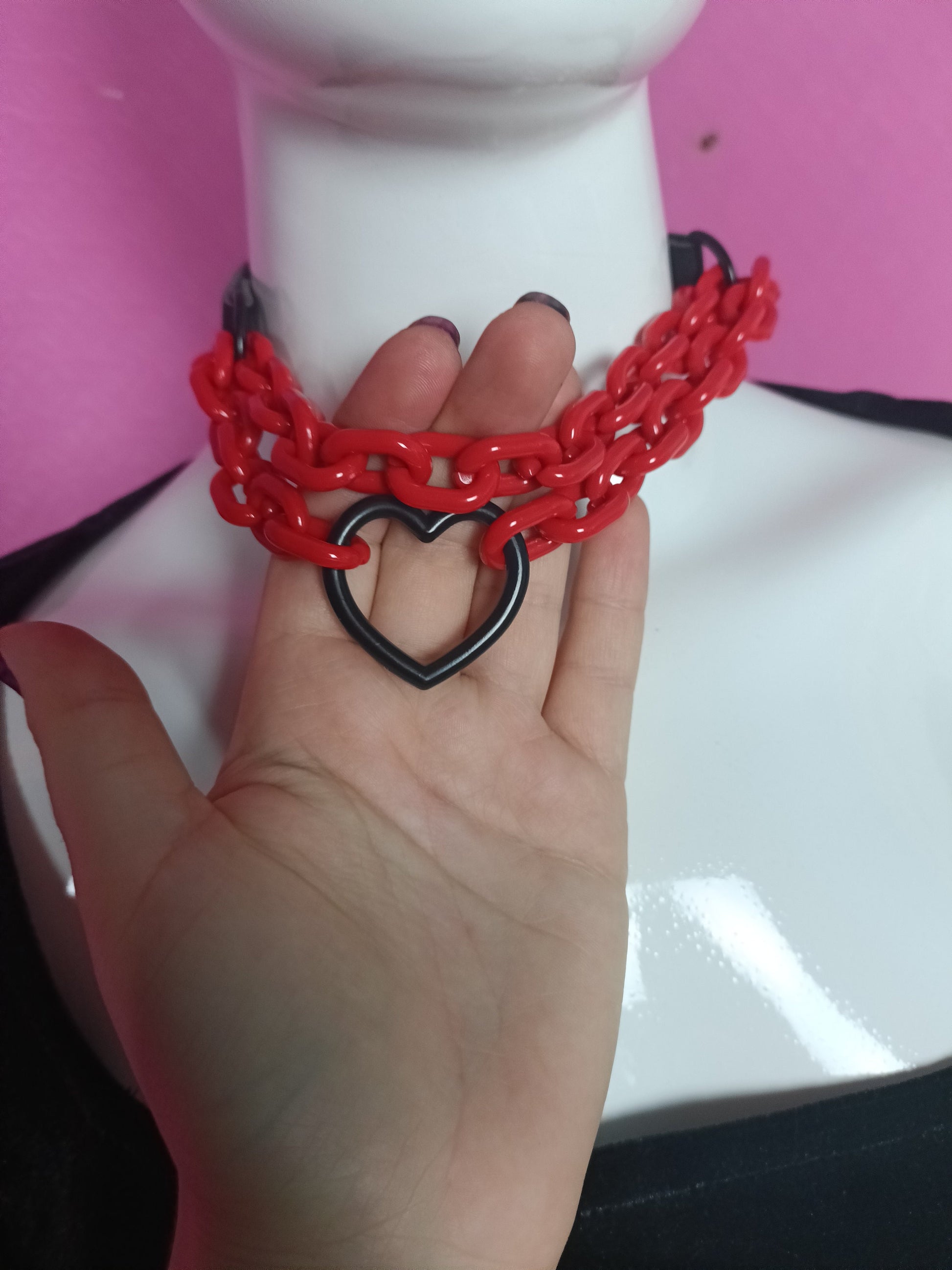 Heart Chain Choker - Choke Chain Version! Martingale Collar - Red Acrylic Chunky Chain