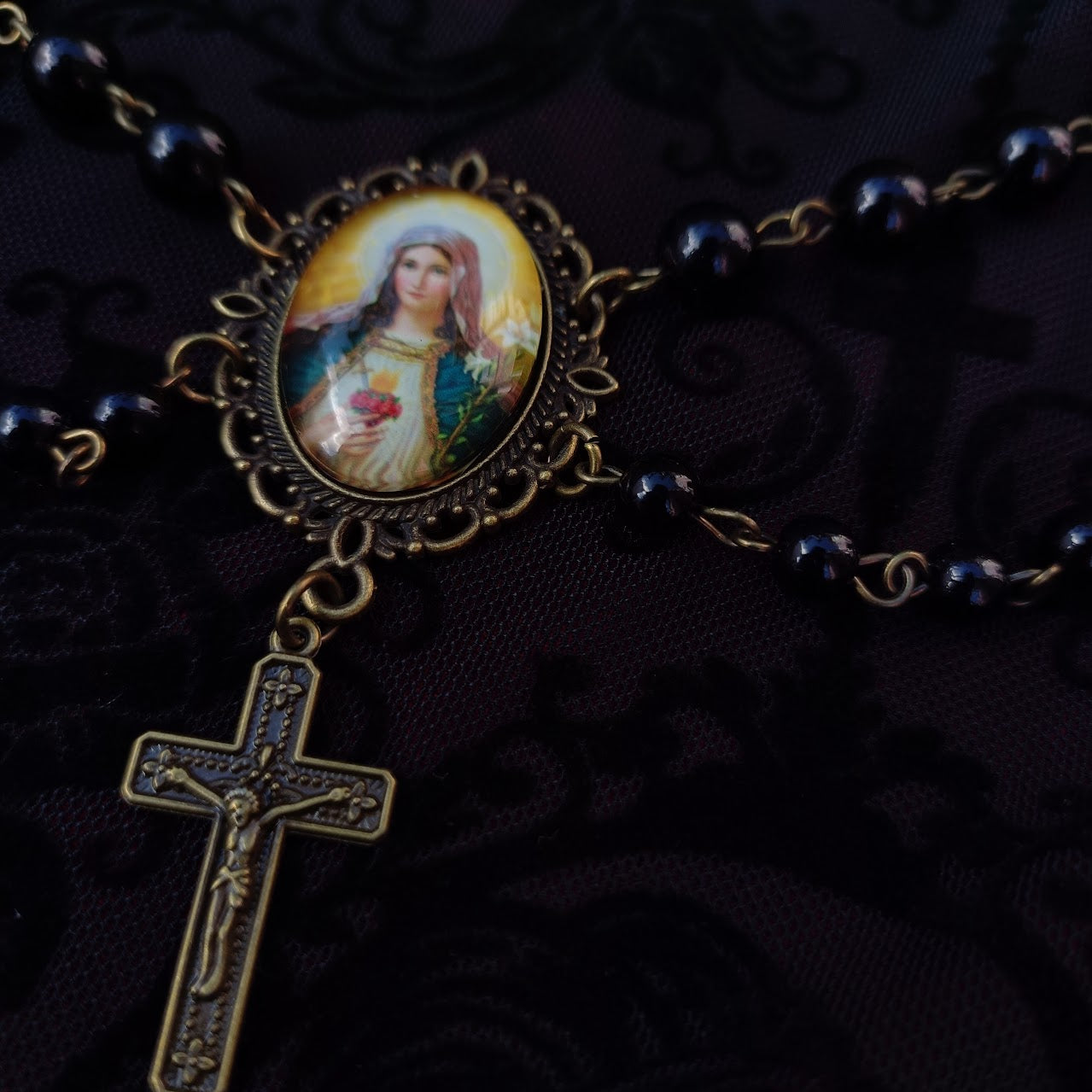 Virgin Mary Layered Choker in Black/ Bronze