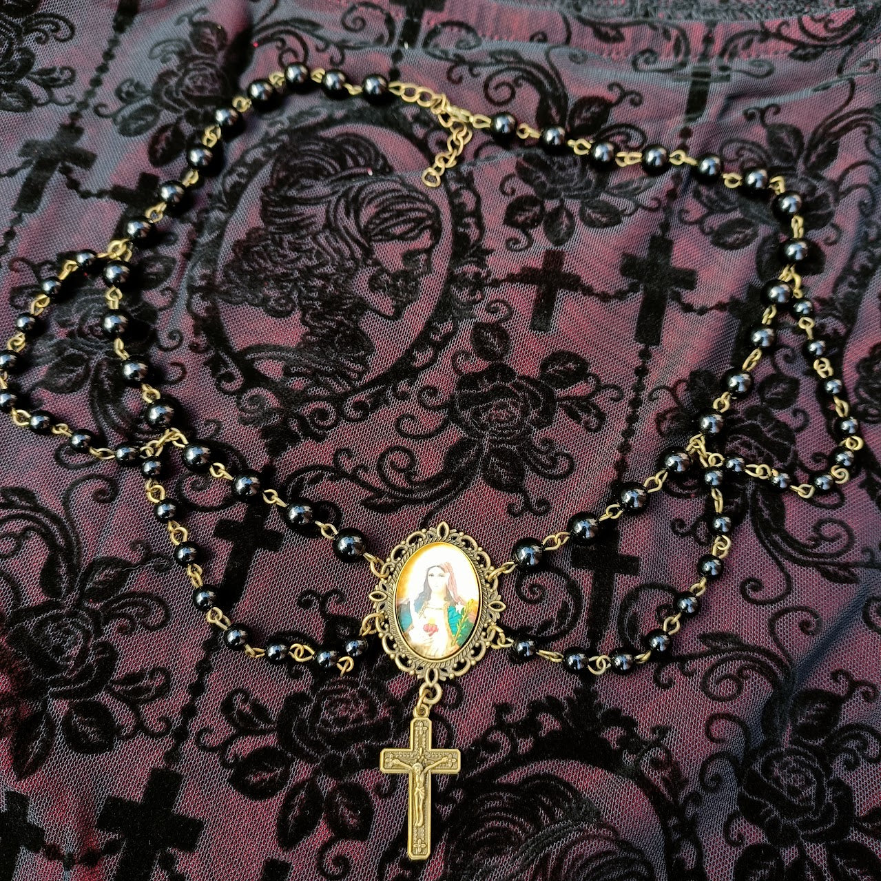 Virgin Mary Layered Choker in Black/ Bronze