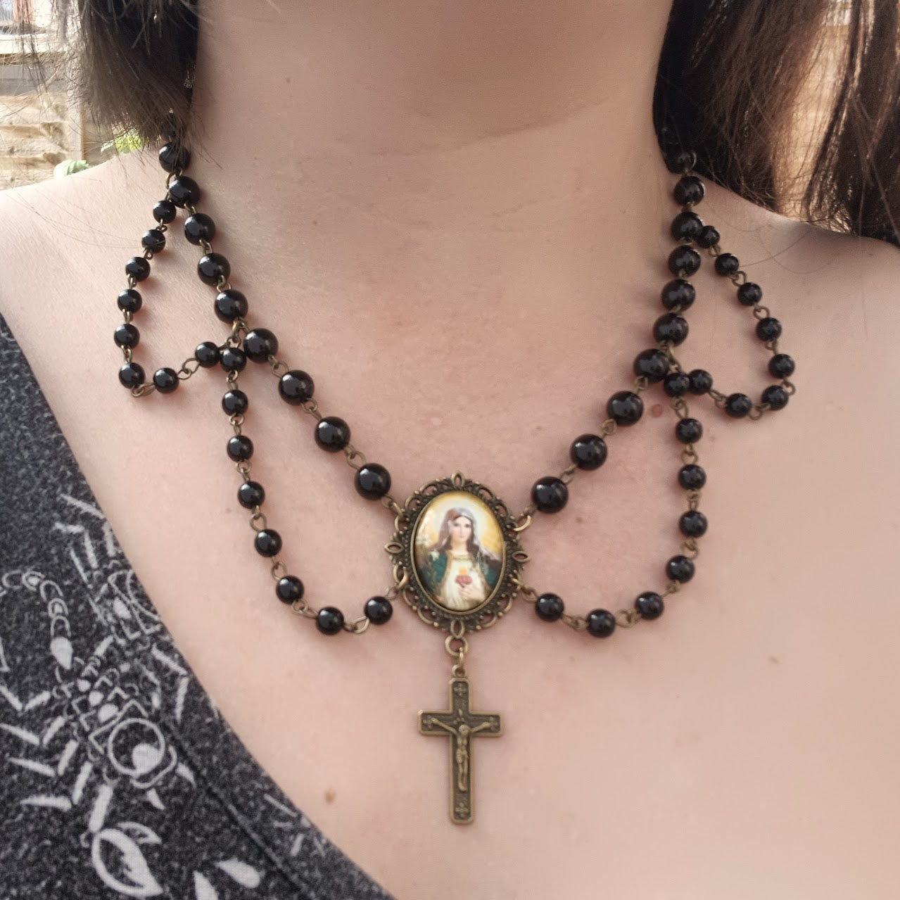 Virgin Mary Layered Choker in Black/ Bronze