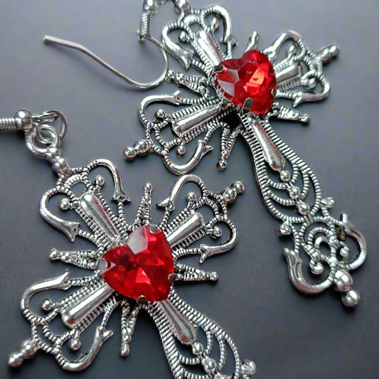 red heart catholic cross earrings