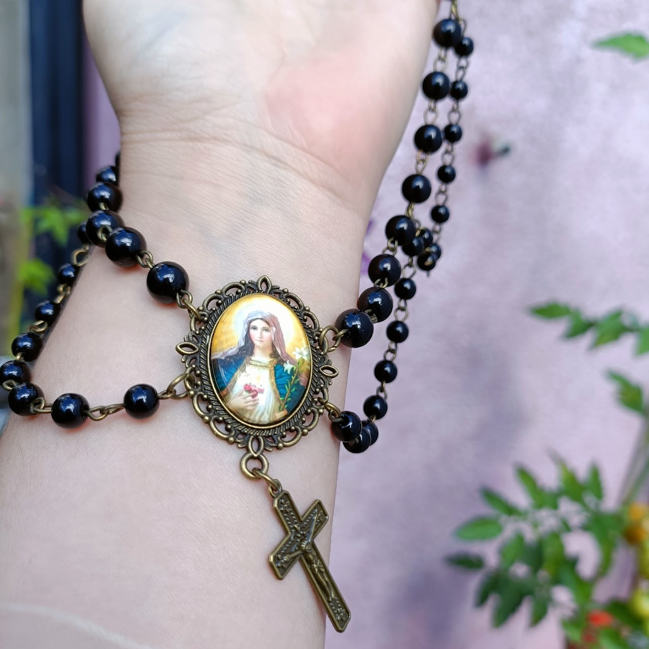 Virgin Mary Layered Choker in Black/ Bronze