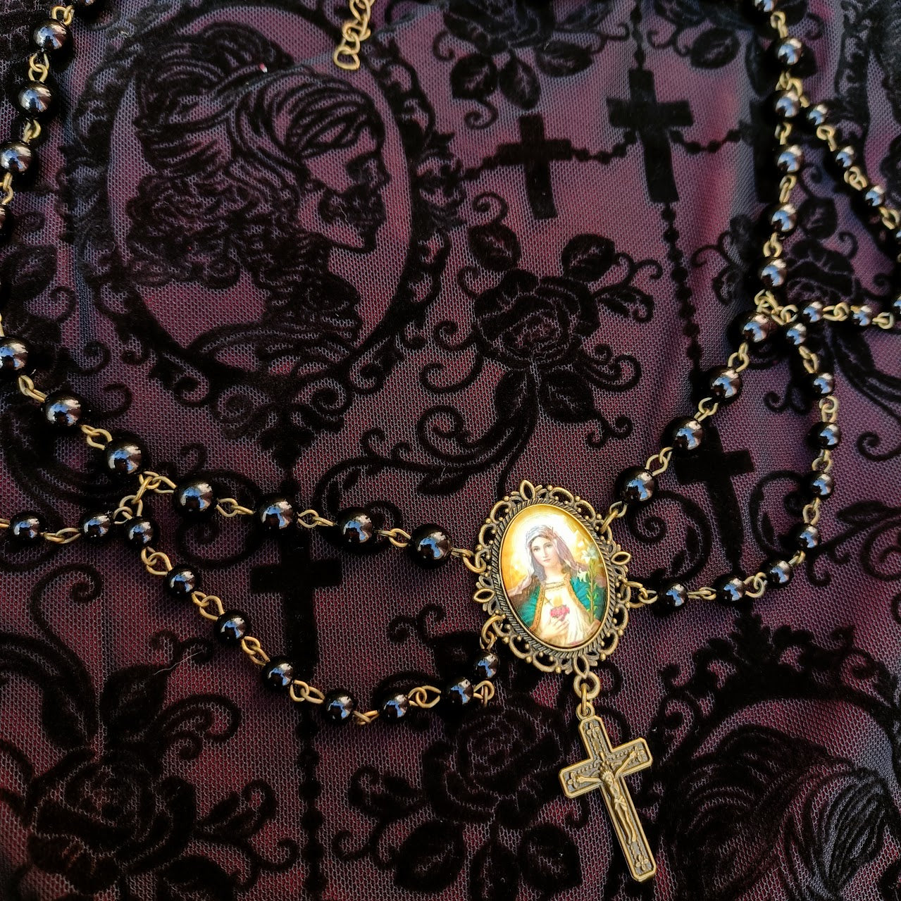Virgin Mary Layered Choker in Black/ Bronze