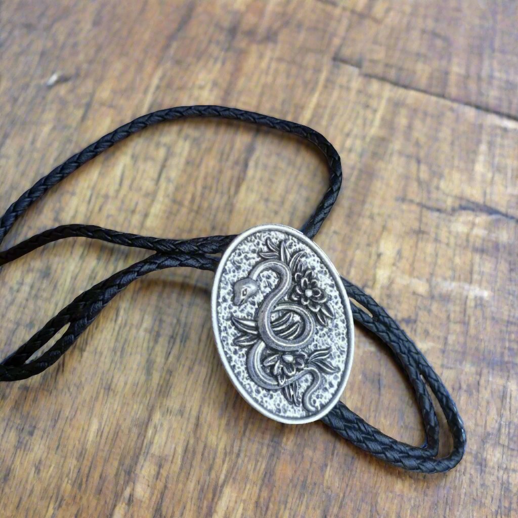 silver metal oval with snake and flowers