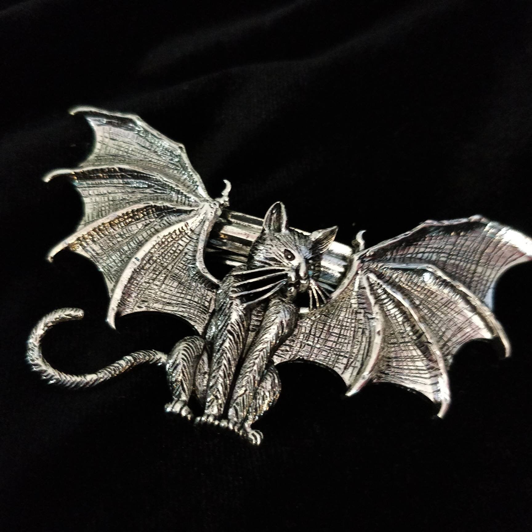 woodcut style cat with bat wings hair barrette