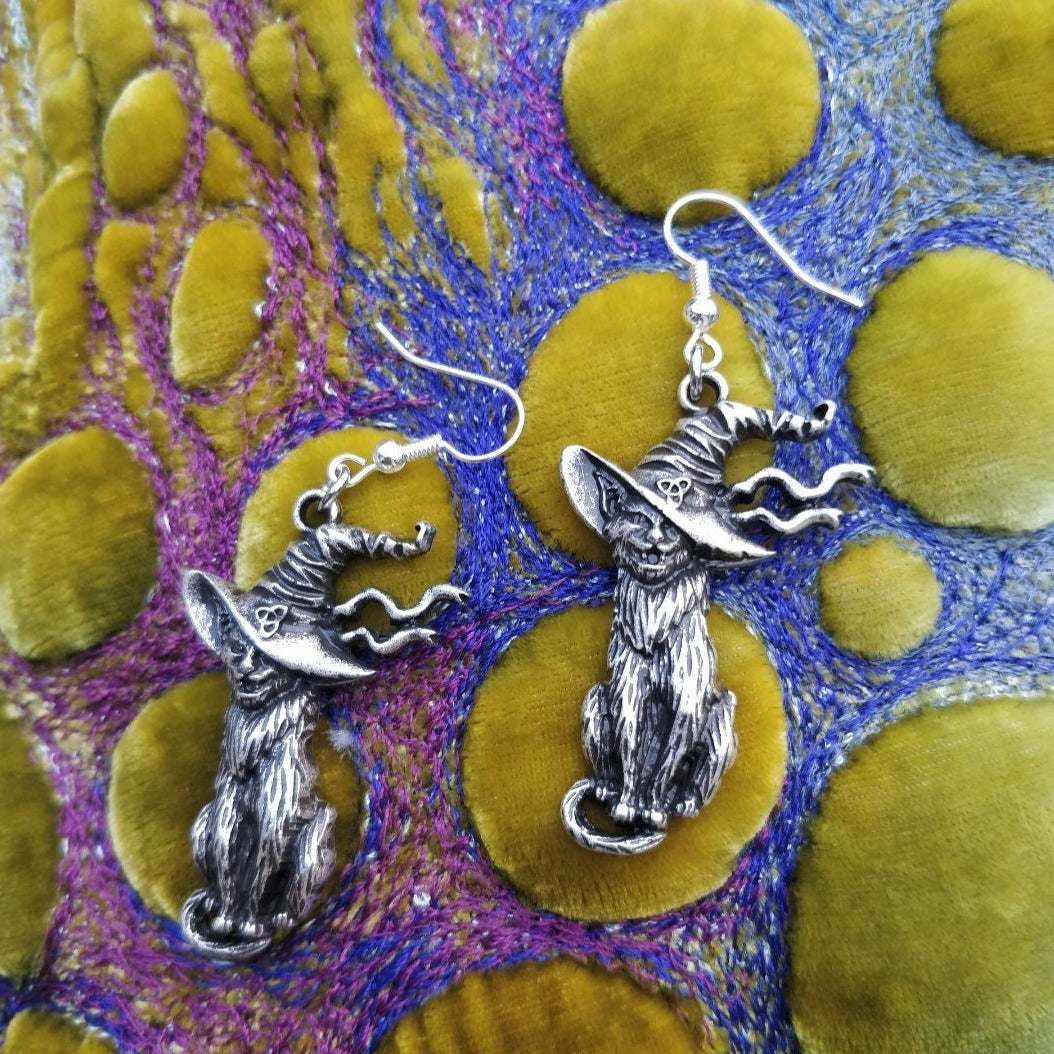 Witch Cat Earrings- woodcut style medieval cats grinning in witches hats