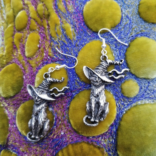 Witch Cat Earrings- woodcut style medieval cats grinning in witches hats