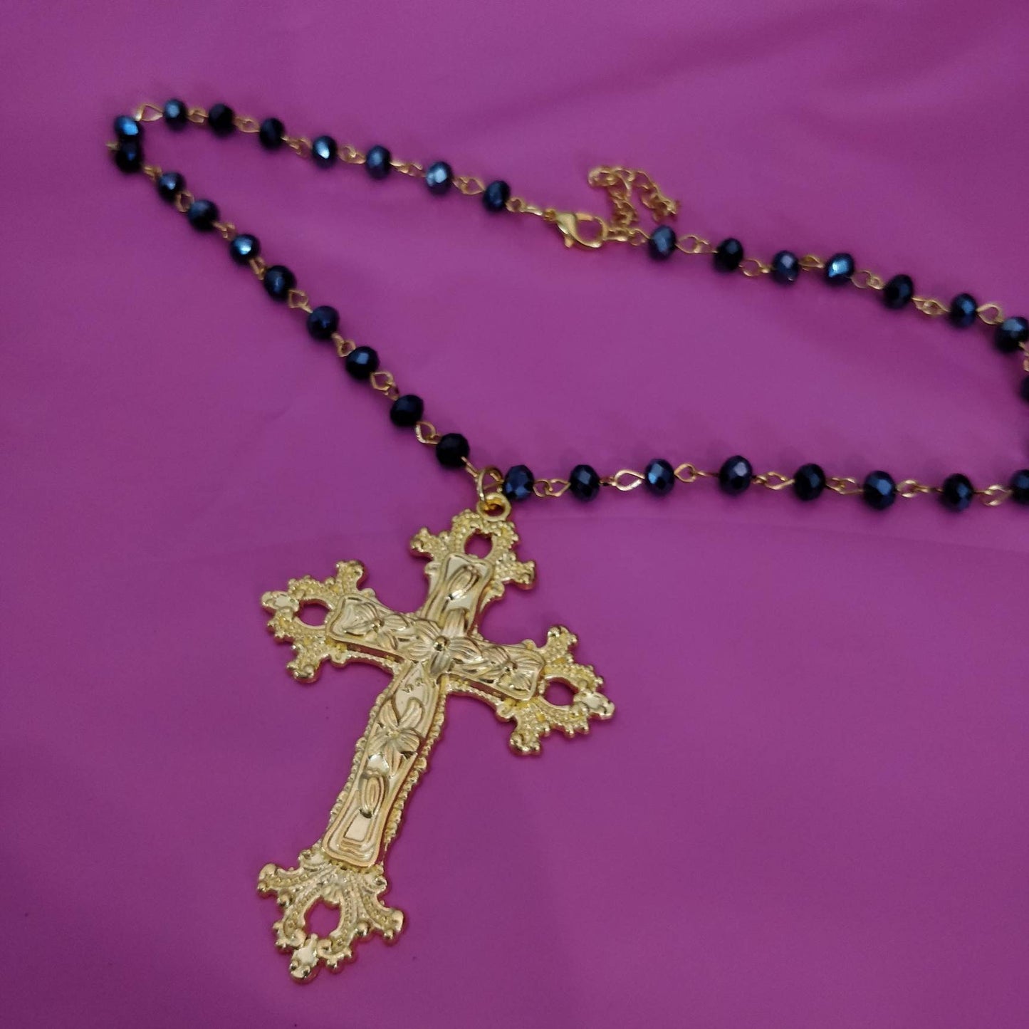 Beaded Necklace, Gold Cross, Gothic/Catholic Inspired