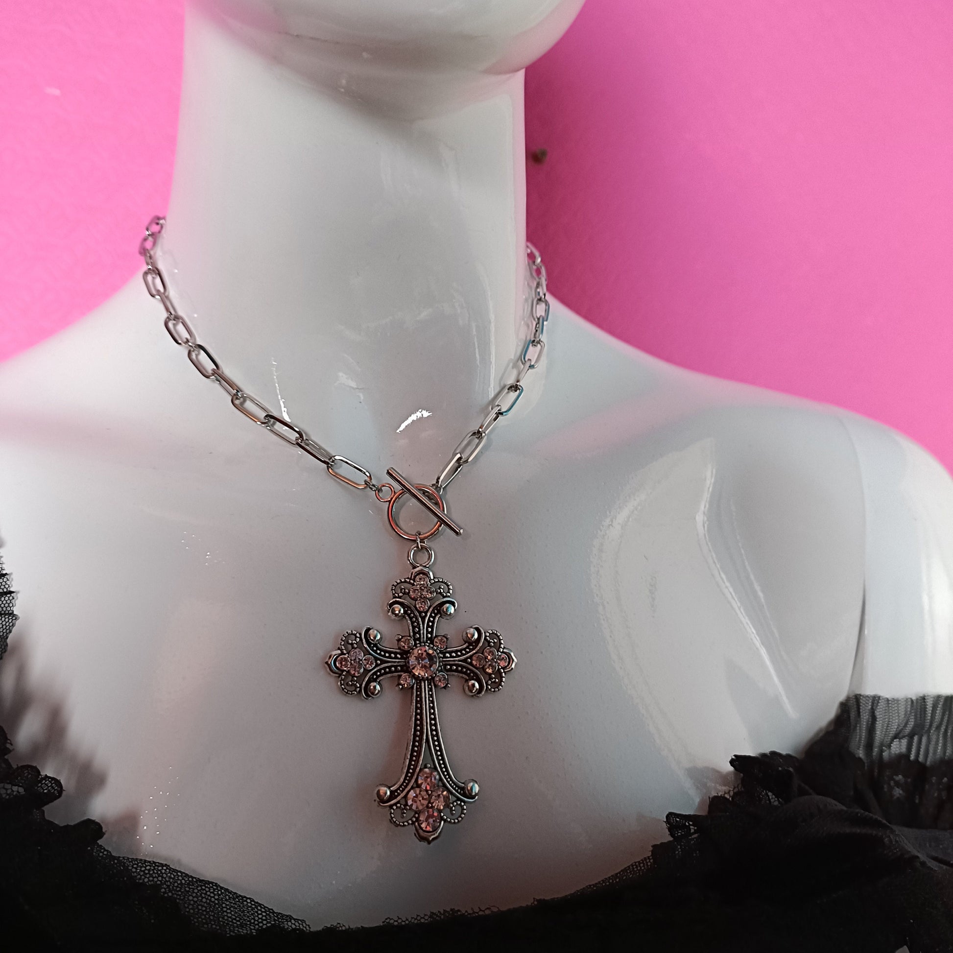 Chain Link Diamante Crucifix - SMALL chain link version with fastening at the front
