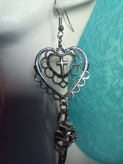Filigree Heart Earrings with crow skull