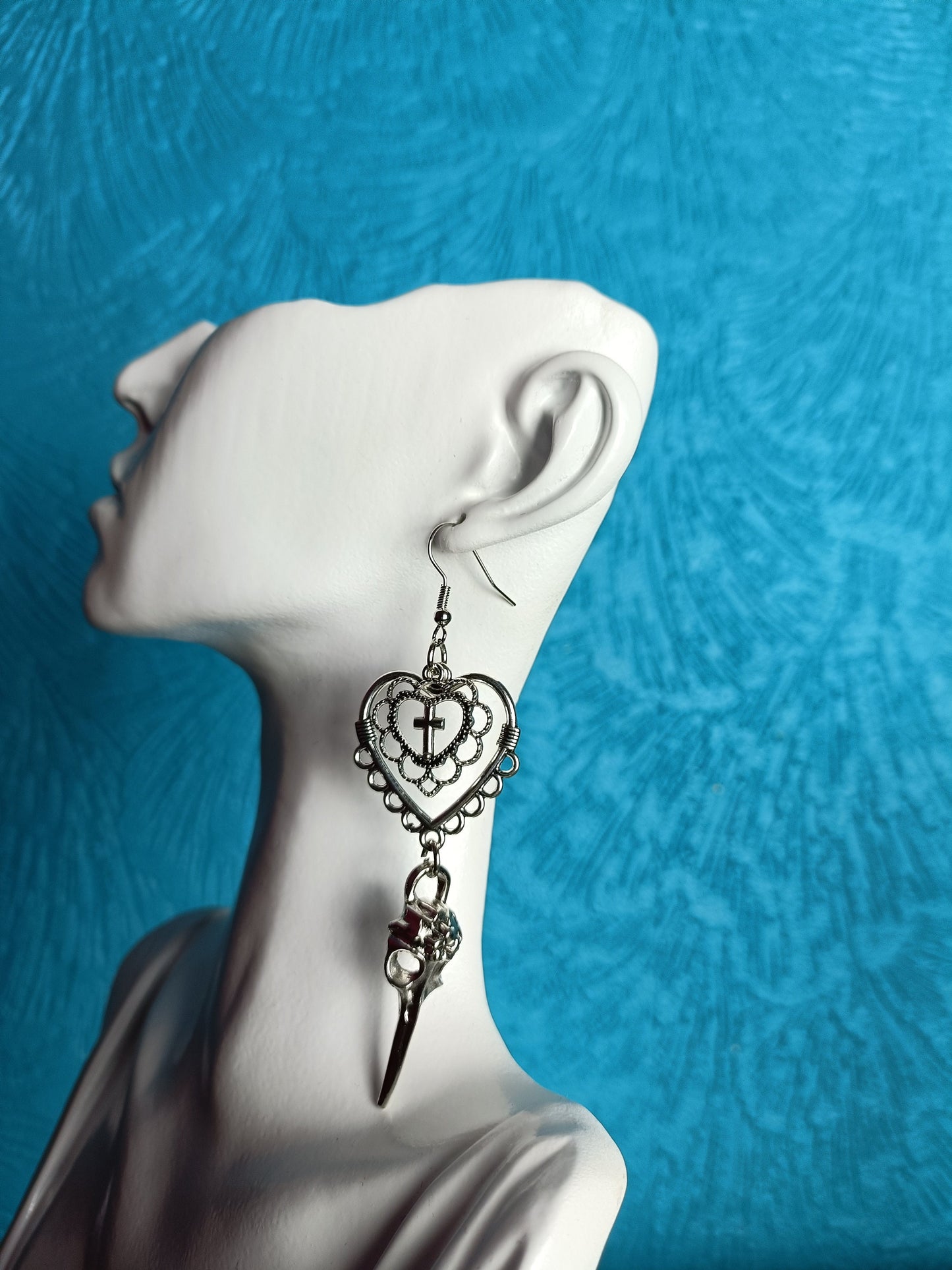 Filigree Heart Earrings with Raven Skull