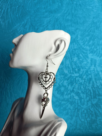 Filigree Heart Earrings with Raven Skull
