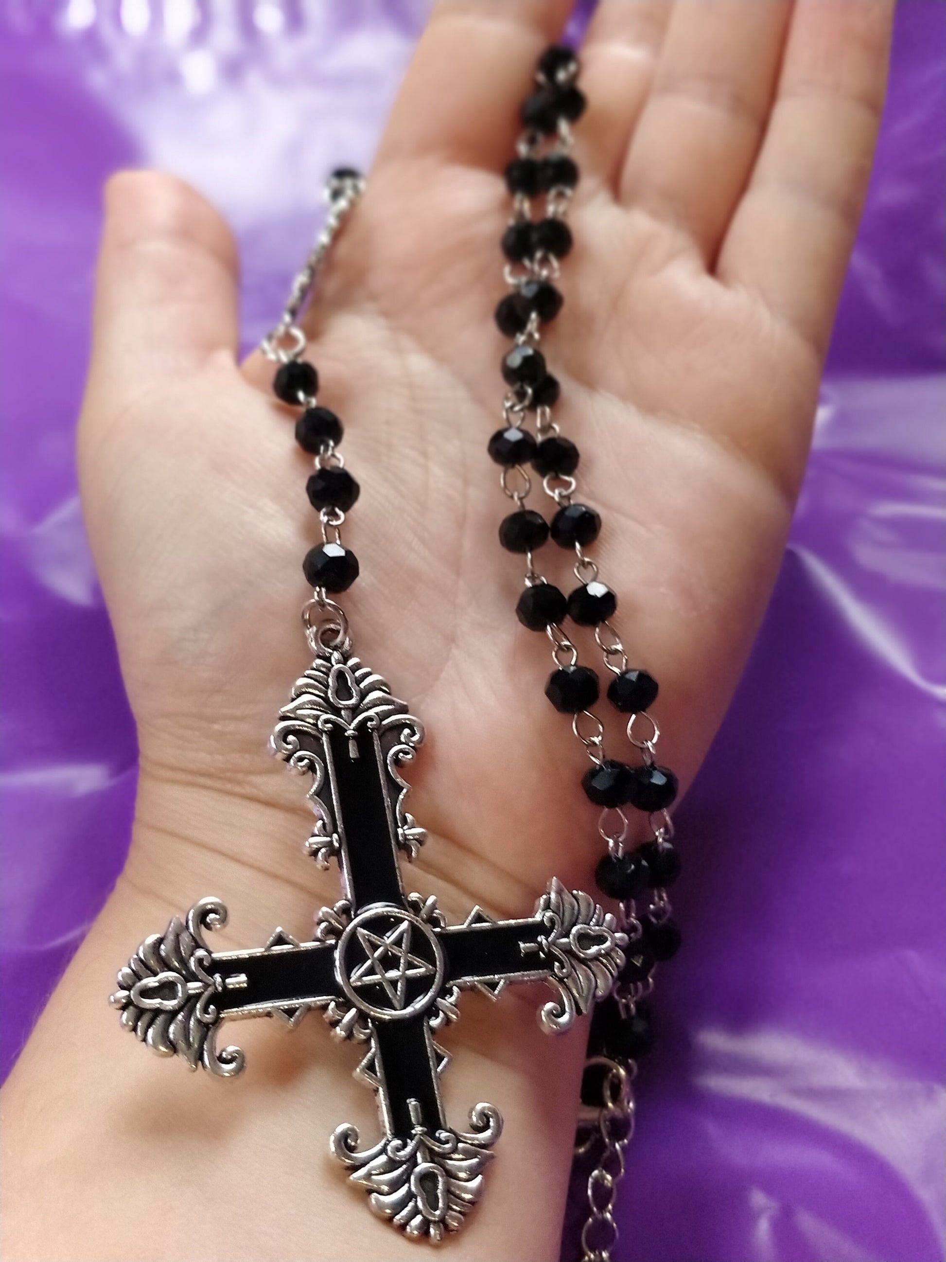 Gothic Rosary - Black Crucifix Pentagram