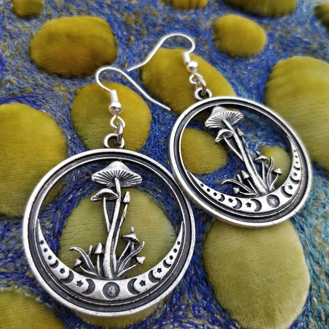 Mushroom Moon Earrings- Magic scene of lunar cycle and stars engraved in metal 