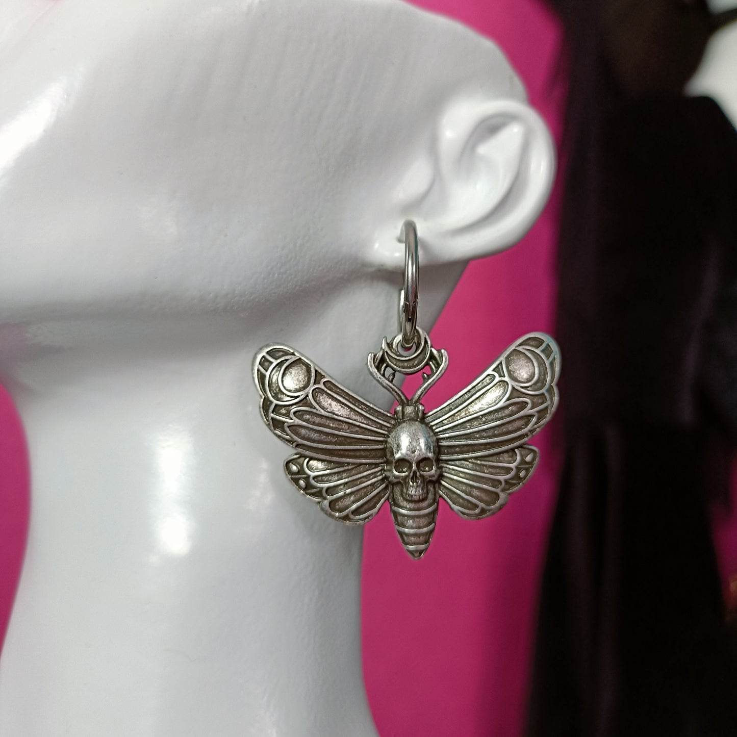 Skull head moth hoop earrings big wings