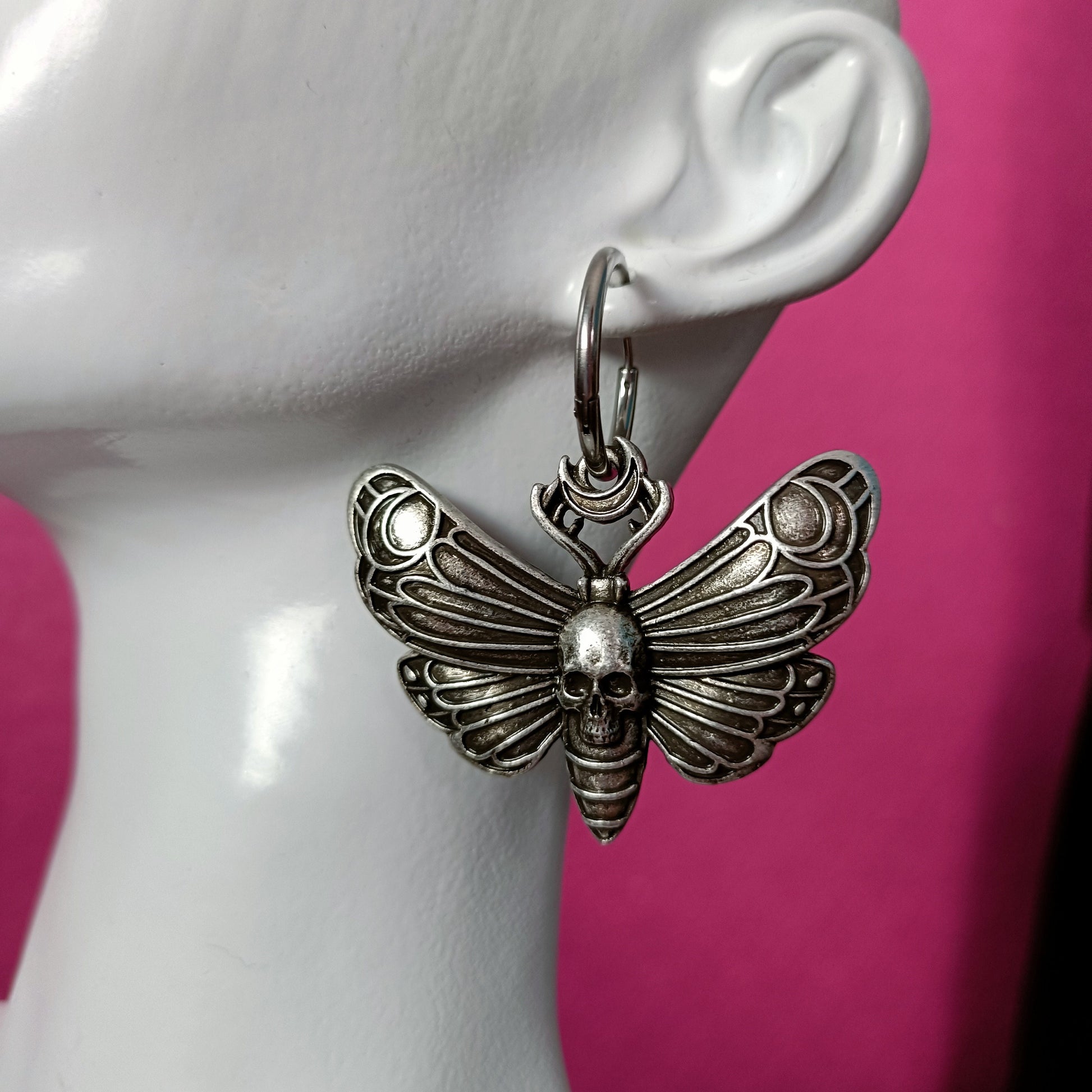 Skull head moth hoop earrings big wings