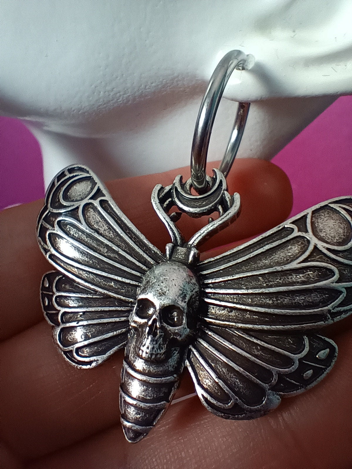 Skull head moth hoop earrings big wings
