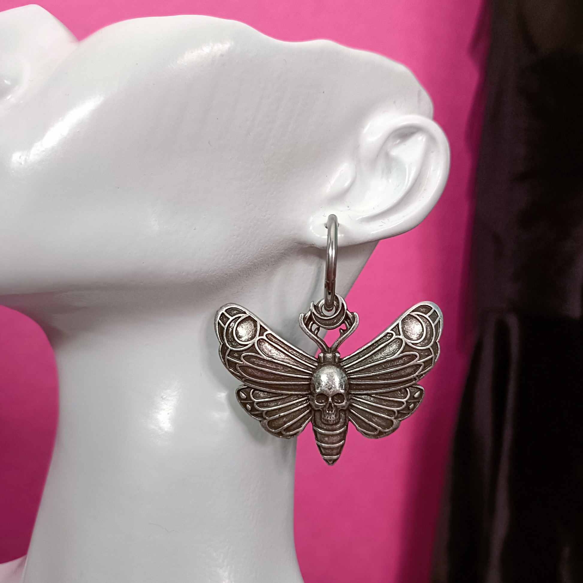Skull head moth hoop earrings big wings