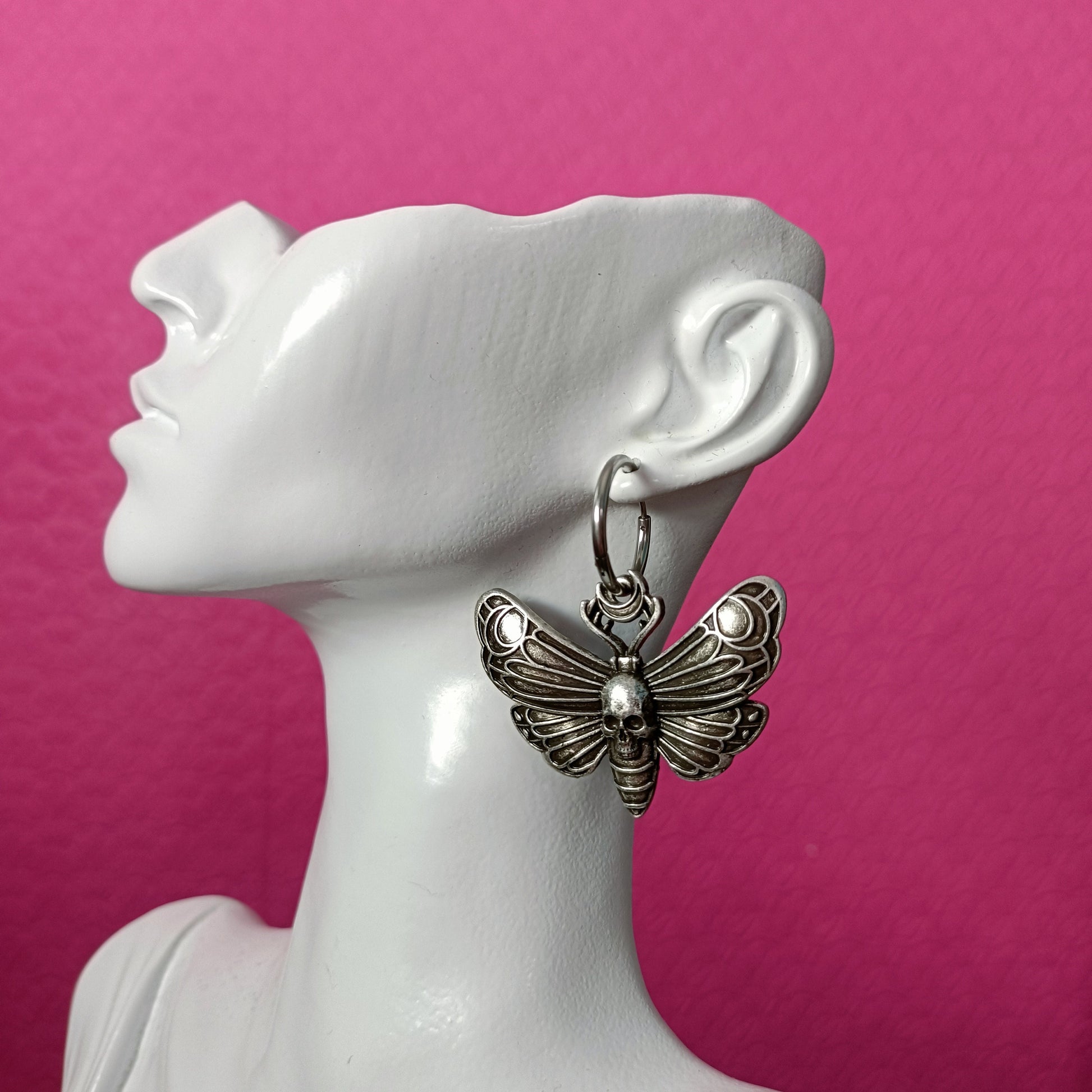Skull head moth hoop earrings big wings