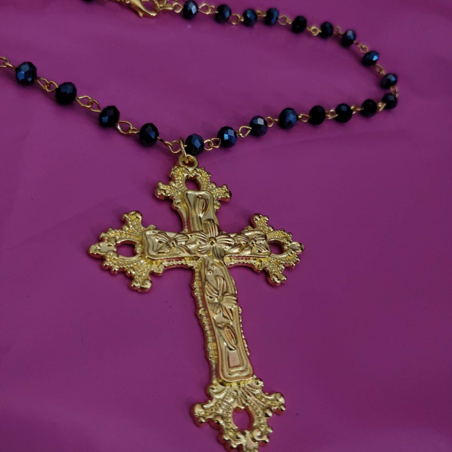 Beaded Necklace, Gold Cross, Gothic/Catholic Inspired