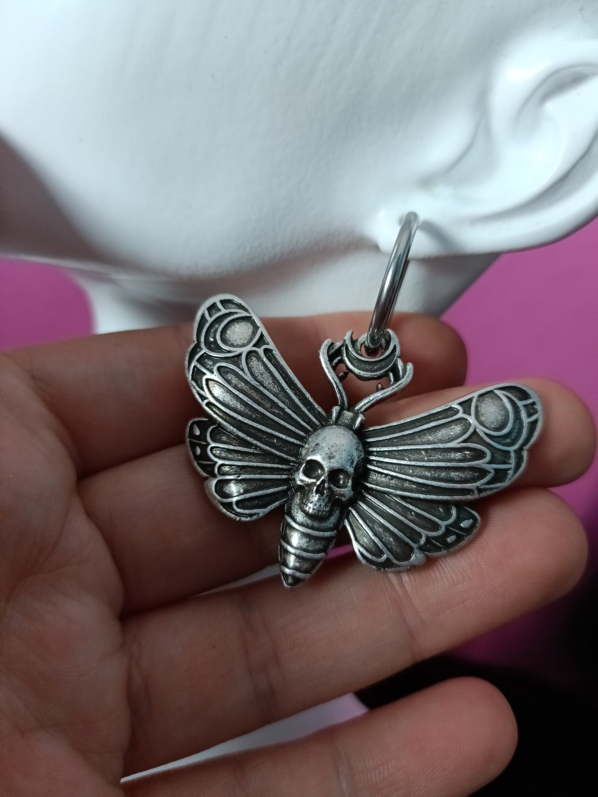 Skull head moth hoop earrings big wings