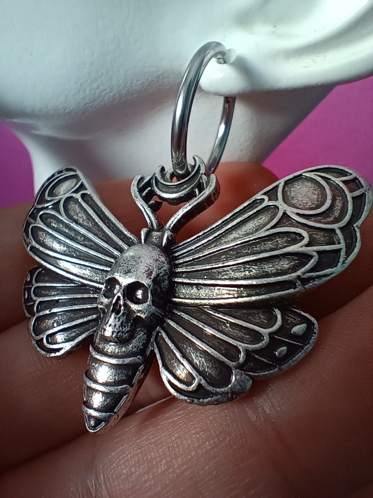 Skull head moth hoop earrings big wings
