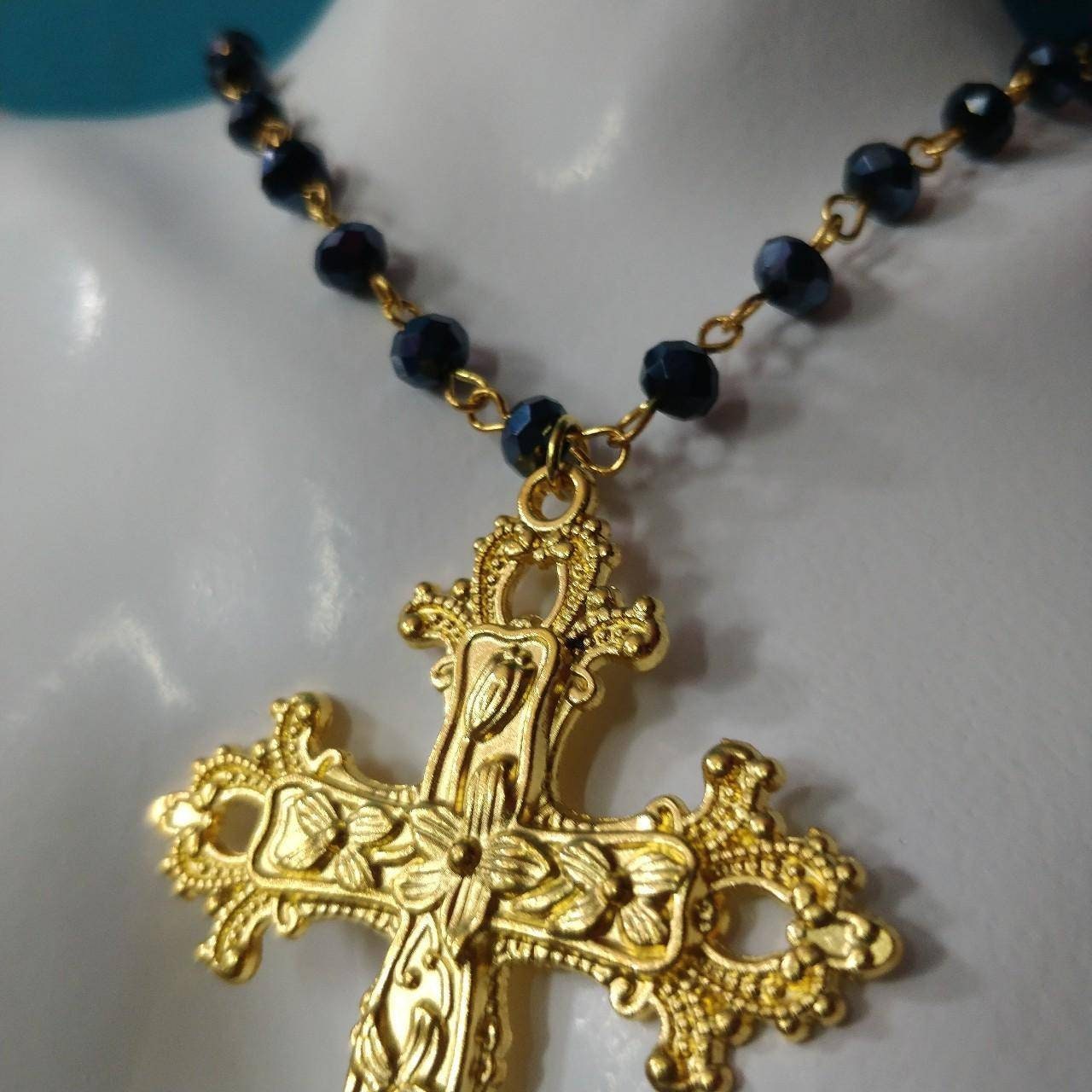 Beaded Necklace, Gold Cross, Gothic/Catholic Inspired