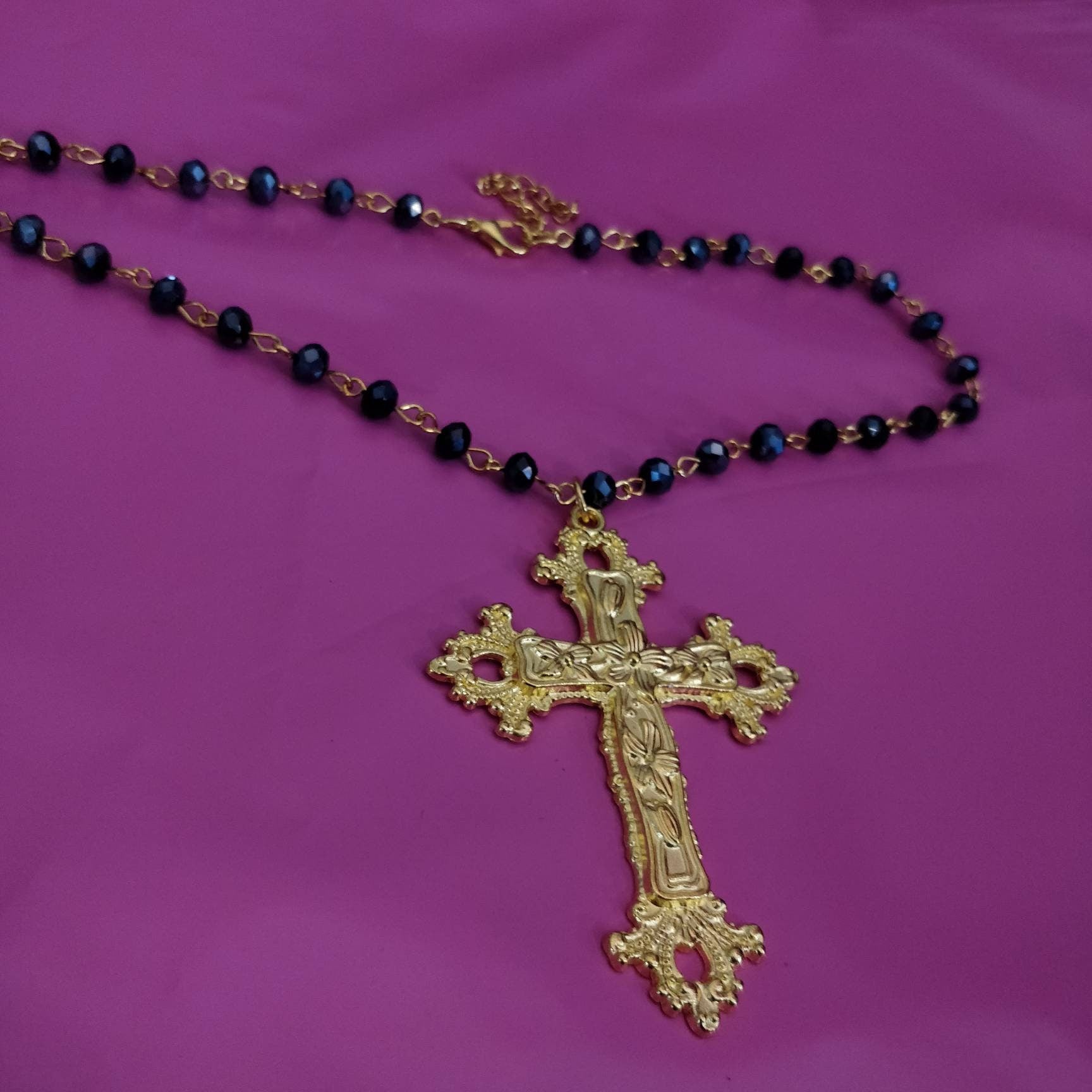 Beaded Necklace, Gold Cross, Gothic/Catholic Inspired