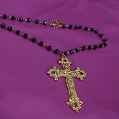 Beaded Necklace, Gold Cross, Gothic/Catholic Inspired