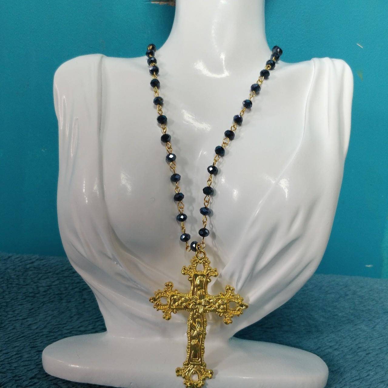Beaded Necklace, Gold Cross, Gothic/Catholic Inspired