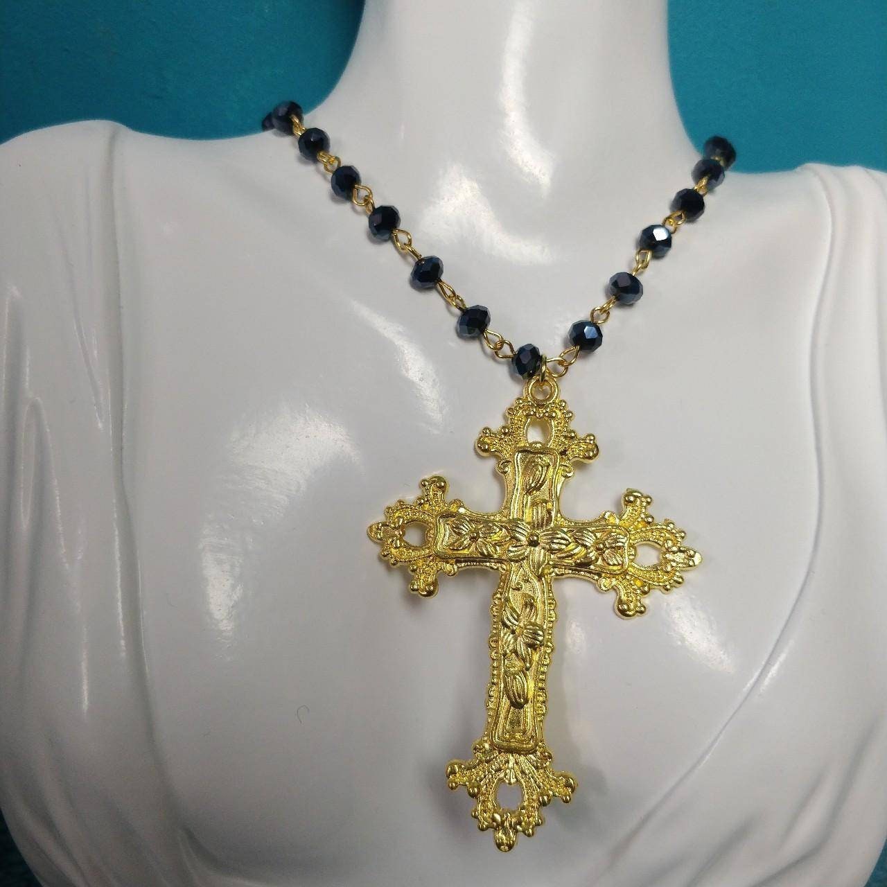 Beaded Necklace, Gold Cross, Gothic/Catholic Inspired
