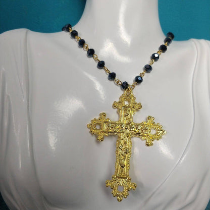 Beaded Necklace, Gold Cross, Gothic/Catholic Inspired