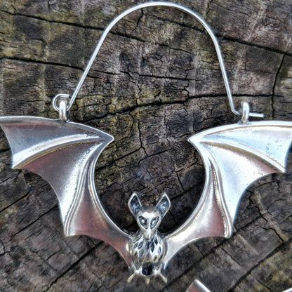 Bat Hoop Earrings LARGE- metal silver bat with wings spread up