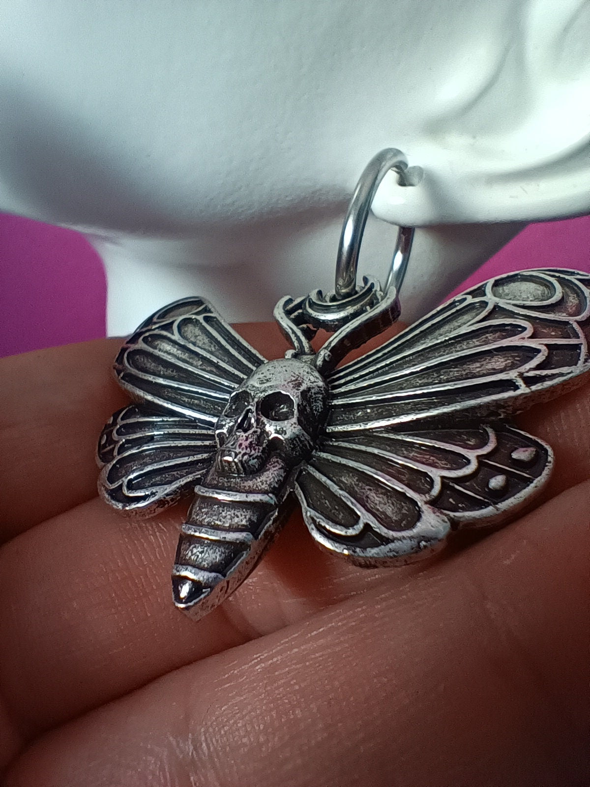 Skull head moth hoop earrings big wings