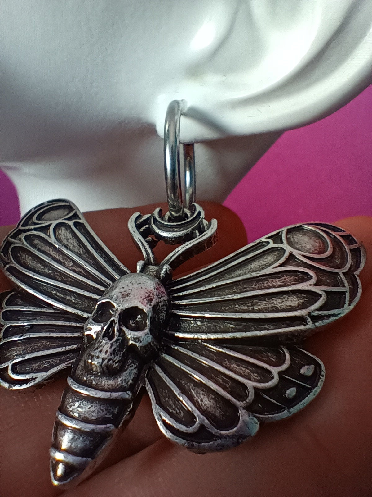 Skull head moth hoop earrings big wings