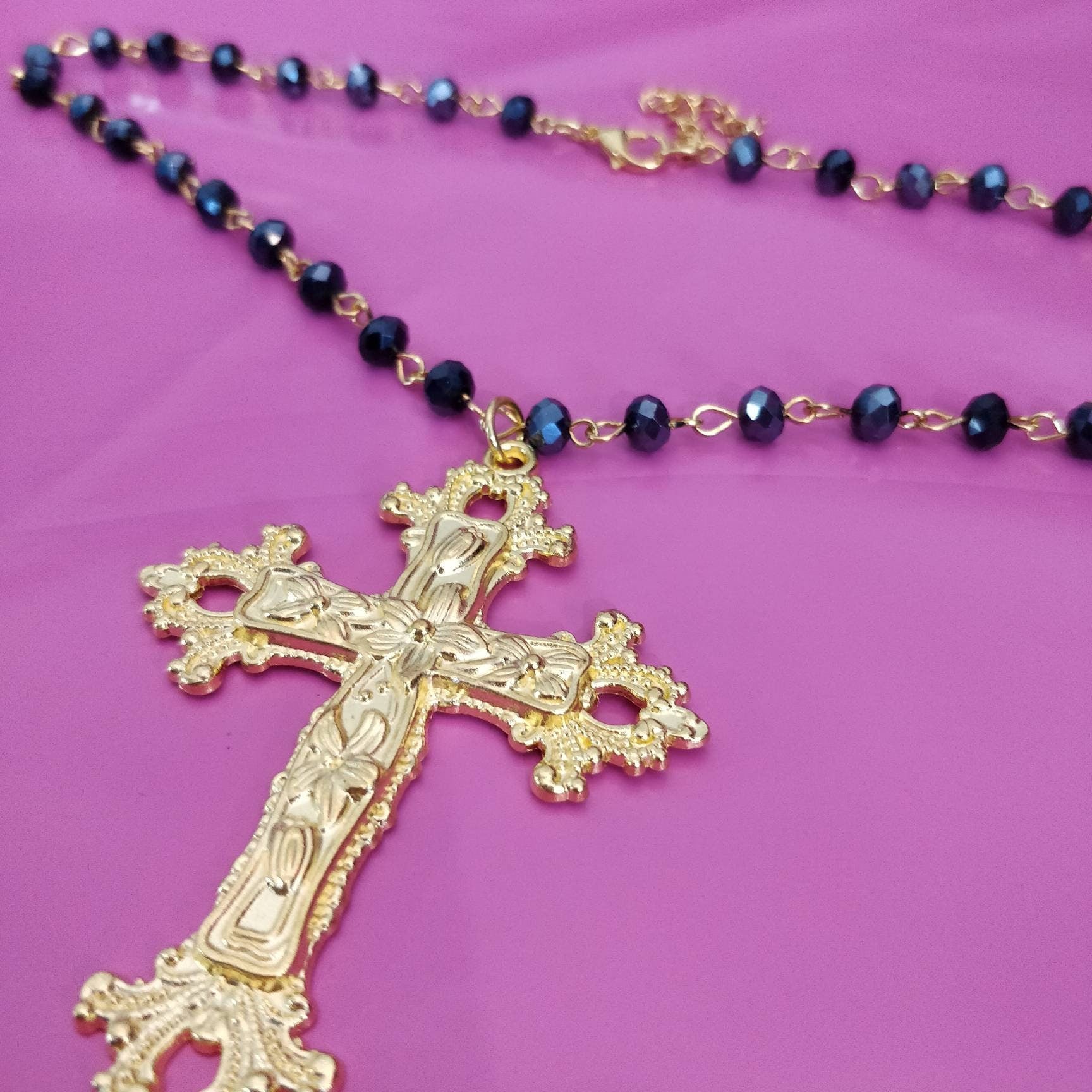 Beaded Necklace, Gold Cross, Gothic/Catholic Inspired