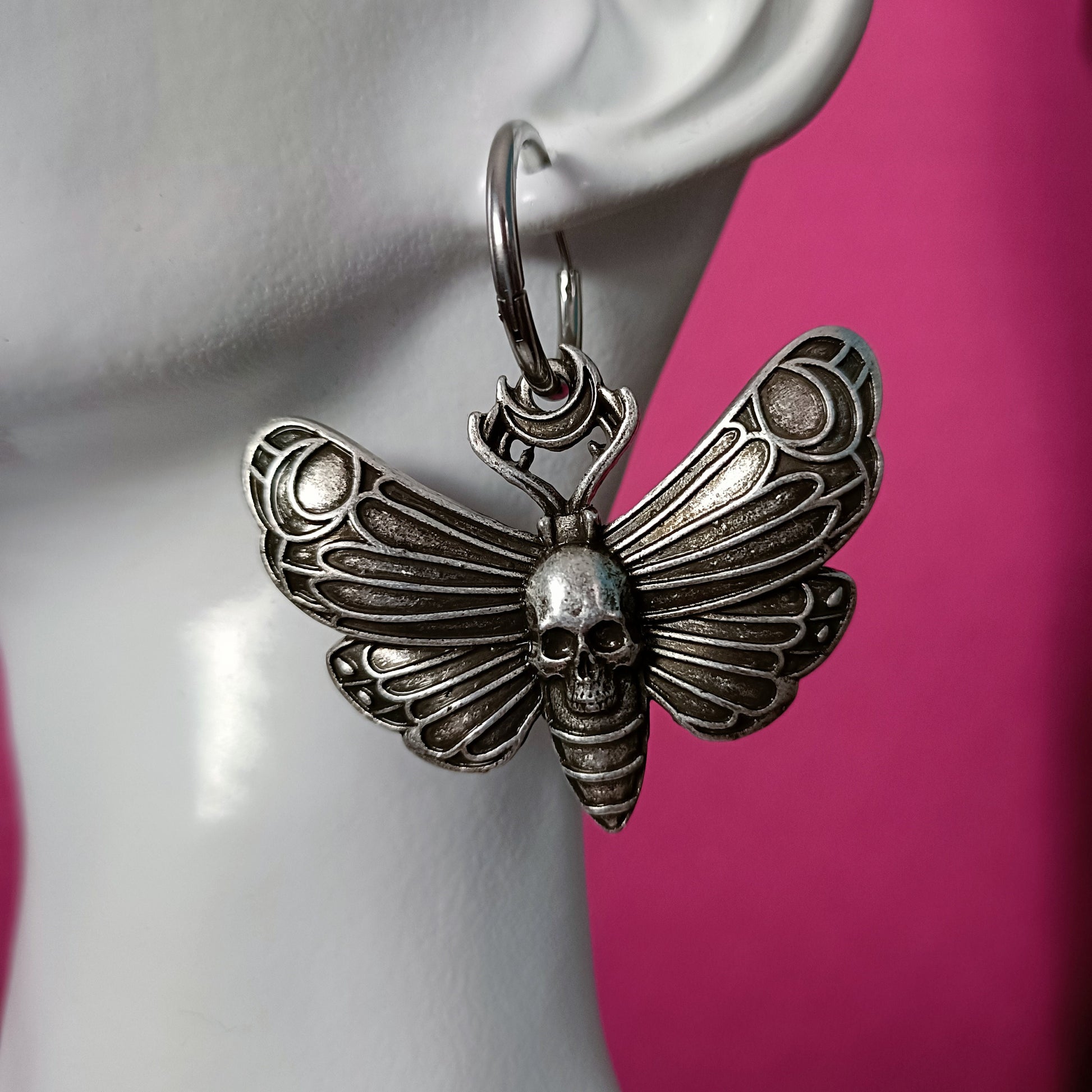 Skull head moth hoop earrings big wings
